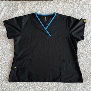 WonderWink Women's Charlie Y-Neck Mock Wrap Black Scrub Top Size 2X Pockets